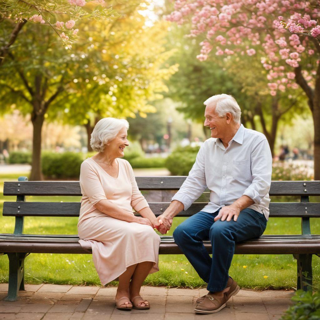 A cozy, sunlit scene featuring an older couple holding hands while sitting on a park bench, surrounded by blooming flowers. In the background, diverse couples of different ages share laughter and meaningful moments, reflecting love and connection. Soft, warm hues radiate throughout the image, creating a feeling of warmth and intimacy. The overall atmosphere evokes the essence of timeless love and shared experiences in relationships. super-realistic. vibrant colors. soft focus.