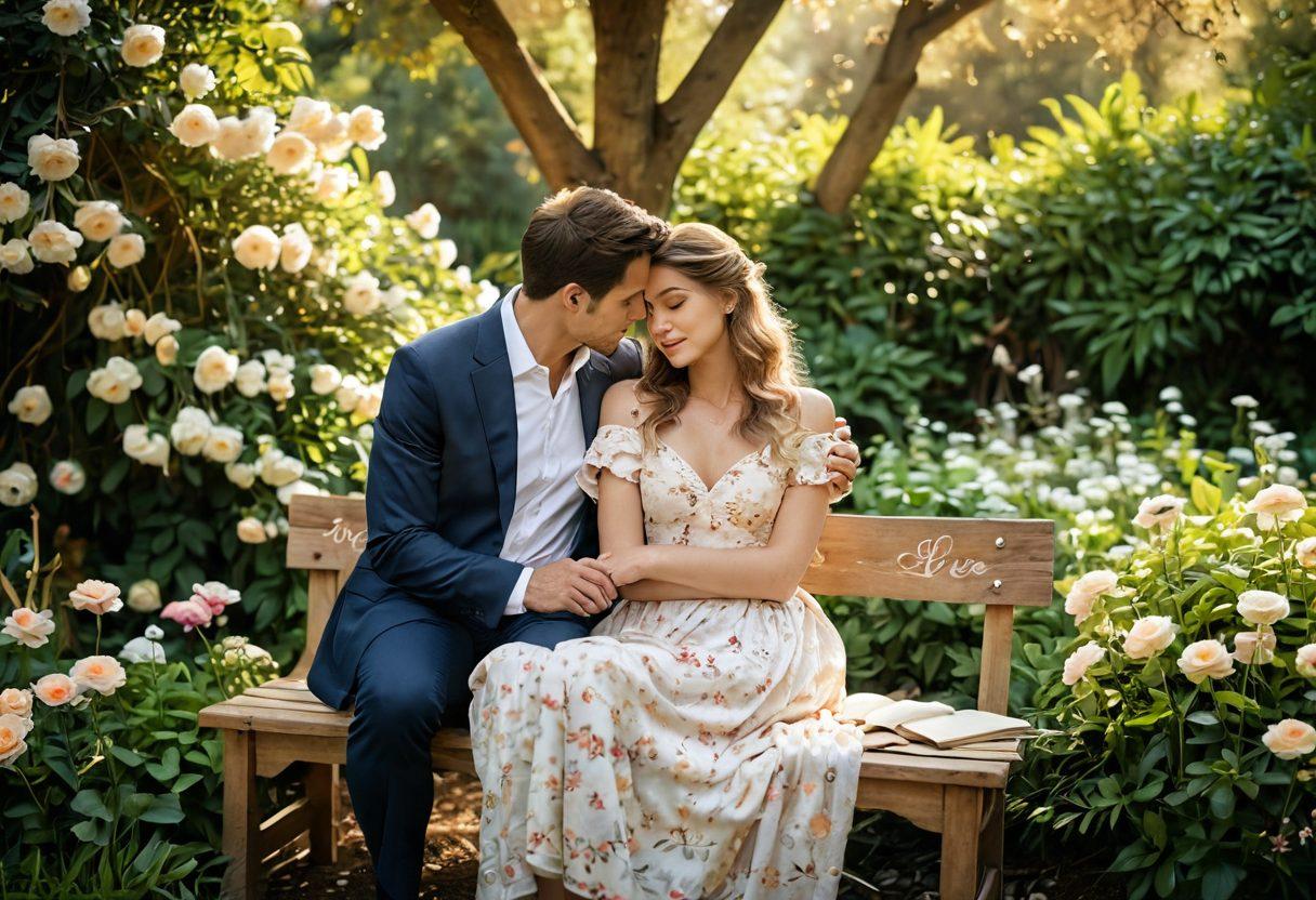 A serene and intimate scene of a couple sharing a warm embrace in a lush garden filled with blooming flowers, symbolizing love and connection. Soft, golden light filters through the trees, creating a dreamy atmosphere. In the background, a weathered wooden bench holds a collection of handwritten love letters, representing heartfelt advice. Subtle heart motifs are woven into the floral patterns around them. painting. warm colors. soft focus.